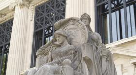 A statue is pictured outside of the Illinois Supreme Court building in Springfield.