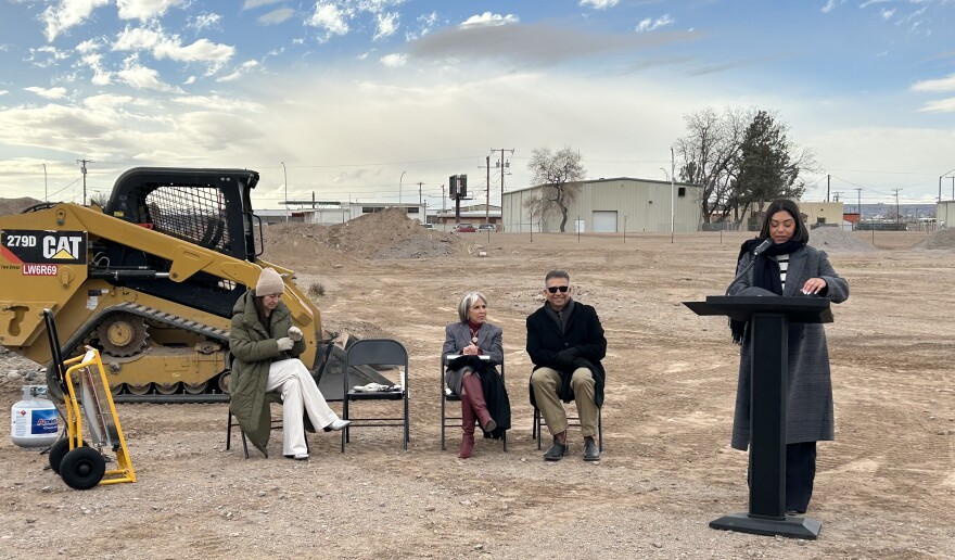 Las Cruces Mayor Pro-Tem and District 4 City Councilor Johana Bencomo (right) speaking at the Amador Crossing groundbreaking.