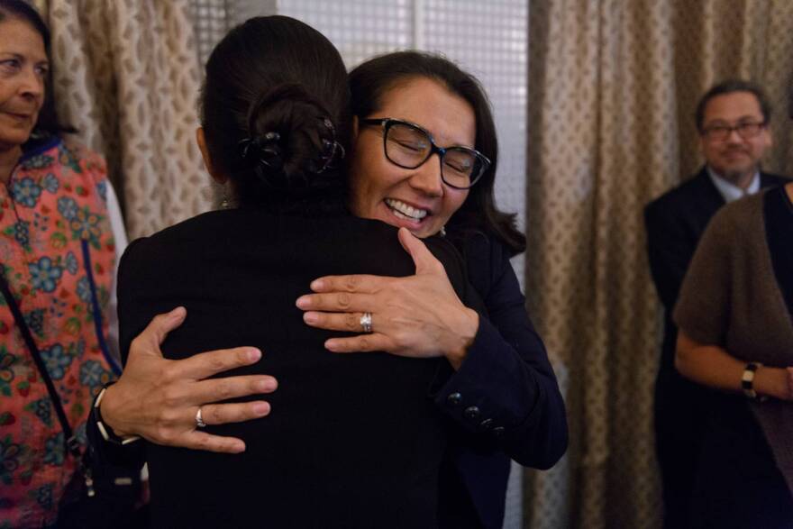 U.S. Interior Sec. Deb Haaland hugs Rep. Mary Peltola at the AFN reception.