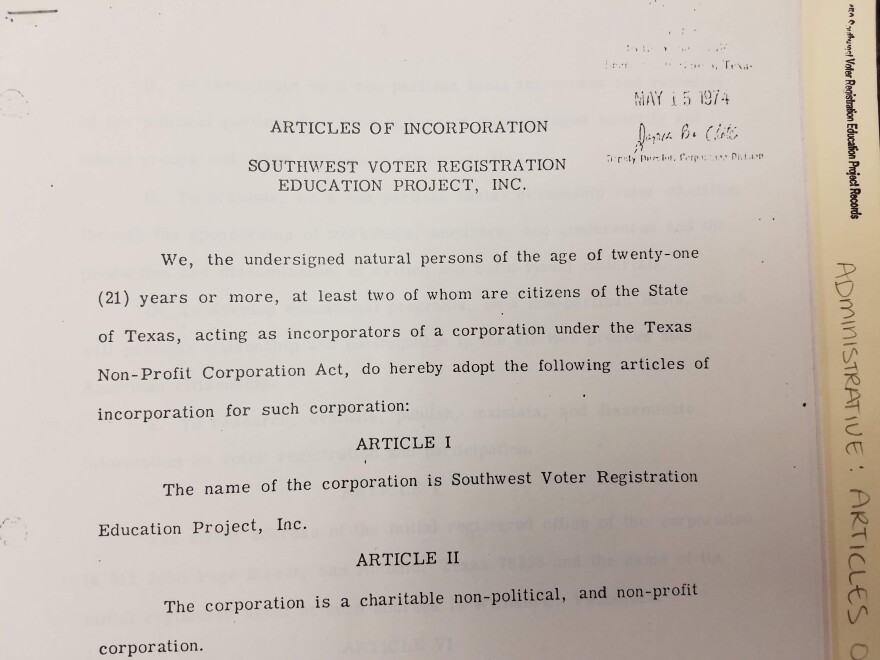 SVREP Articles of Incorporation archived at UTSA Special Collections.