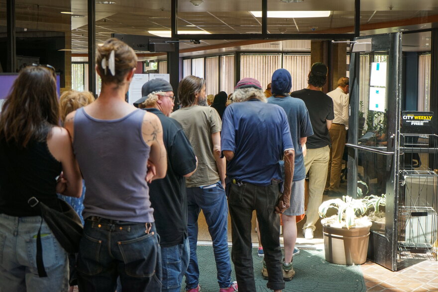 Voters wait in line to cast their ballots in Utah's 2026 primary election at the Salt Lake County government center, June 23, 2026.