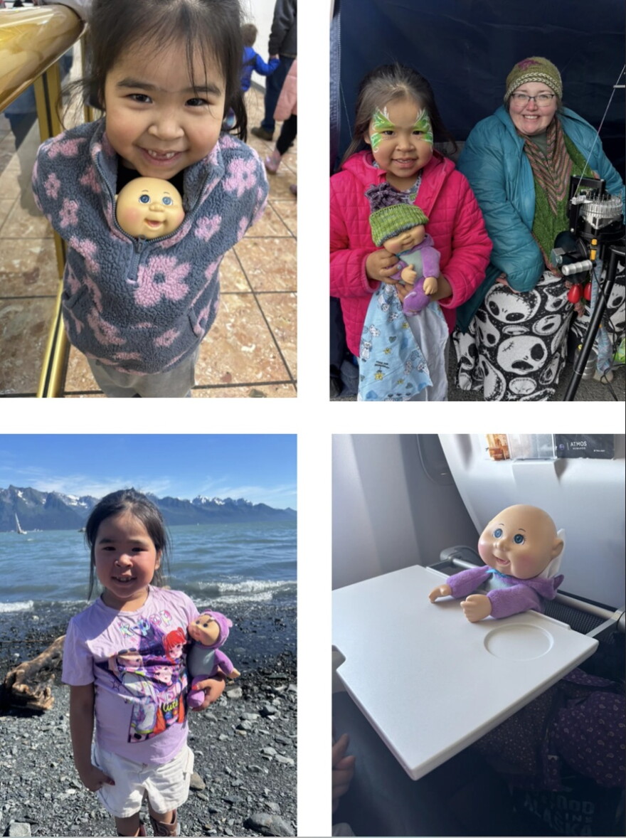 In 2026, Baby went to the Dimond Center Ice Rink (left), the Seward Mermaid Festival, where a beanie maker gifted her a hat (middle), and Baby went fishing in Kenai (right).
