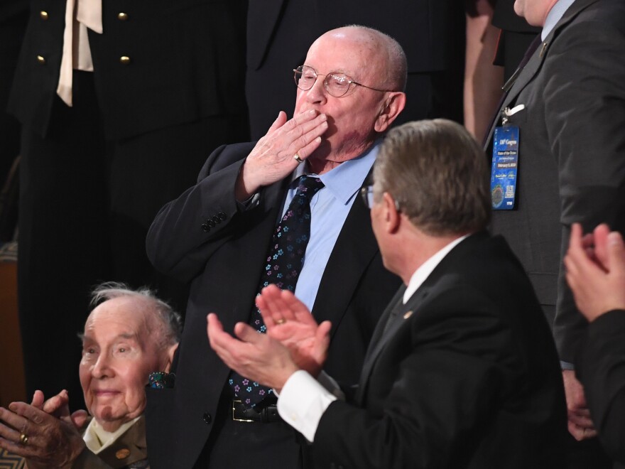 Special guest Judah Samet, a survivor of the Tree of Life synagogue shooting, blows a kiss as he is acknowledged during the State of the Union.
