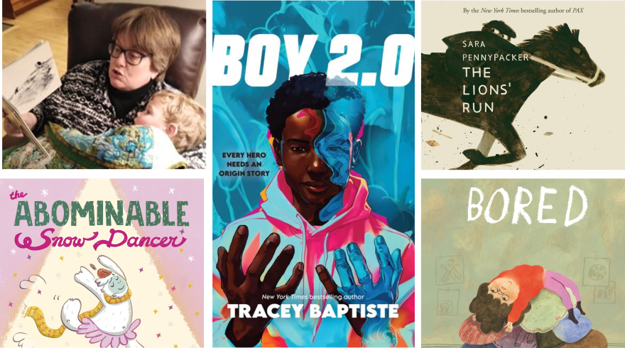 a collage of children's book covers and a photo of a woman reading to a young child