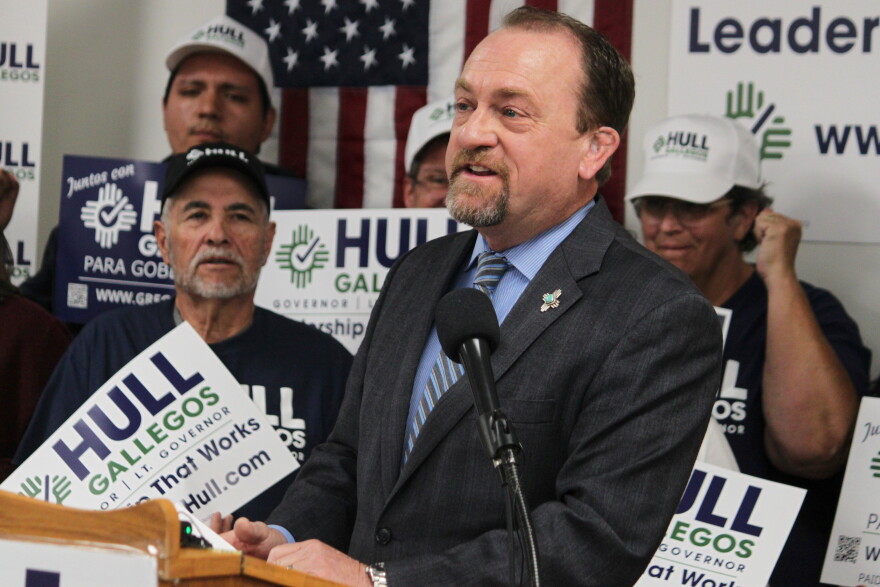 Republican gubernatorial nominee Gregg Hull introduces his plan for phasing out state income tax for all New Mexicans during a news conference in Albuquerque, N.M., on Oct. 5, 2026.