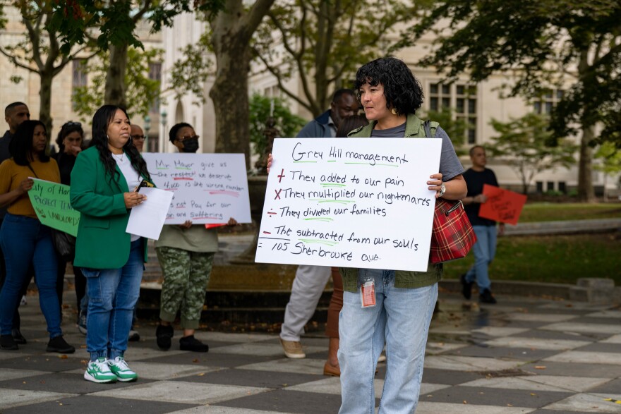 FILE: Residents displaced from the Concord Hills Apartments hold a press conference at City Hall on September 18, 2024. Four months after the fire, the New York-based landlord, Greyhill Group, will be referred to the state’s attorney’s office for prosecution for violating city housing ordinances, according to Hartford Mayor Arunan Arulampalam.