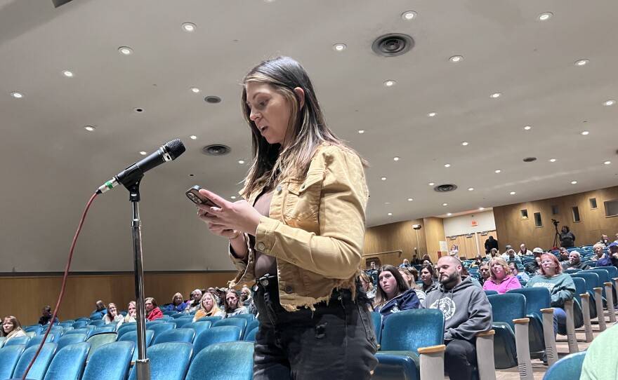 District parent Amber Chrysler raises concerns about teacher morale amid all the recent changes and the proposed closure of Greenhaven Elementary School on March 26, 2026, public hearing at Lincoln Elementary School in Hibbing.