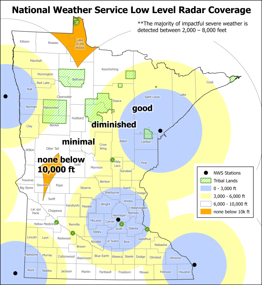 A map of the National Weather service radar coverage depicting zones of good, diminished, minimal and absent coverage. 