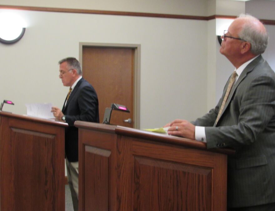 Matt Baker, left, the attorney representing Rene Boucher, and Tom Kerrick, the attorney representing Kentucky U.S. Senator Rand Paul, present their arguments in Warren Circuit Court on Aug. 27, 2018.