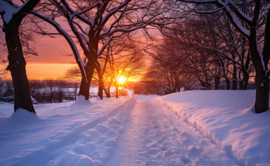 snowy path leading towards winter solstice sunset, created with generative ai