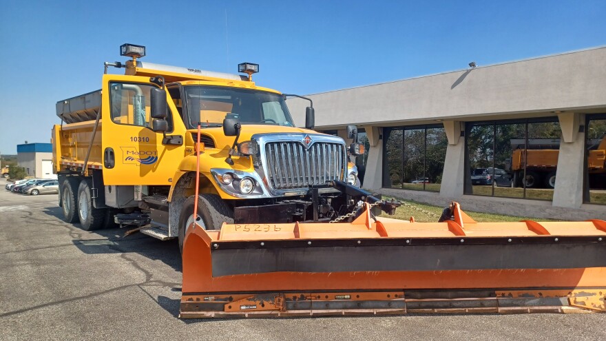 A snowplow is parked outside the headquarters of the Missouri Department of Transportation in Springfield, MO on October 10, 2024.