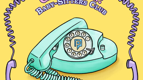 Illustration of a green landline phone with a spiral cord and a round number dial. 