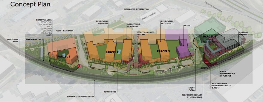 A map shows the planned location of buildings proposed for the Pearl Arts District.