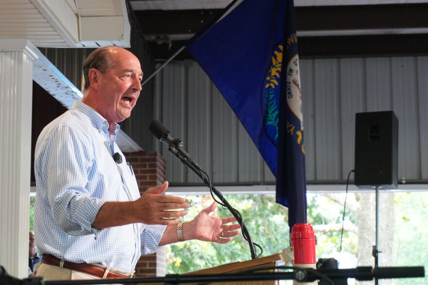 Democratic gubernatorial candidate Rocky Adkins speaks at the 146th annual Fancy Farm picnic.