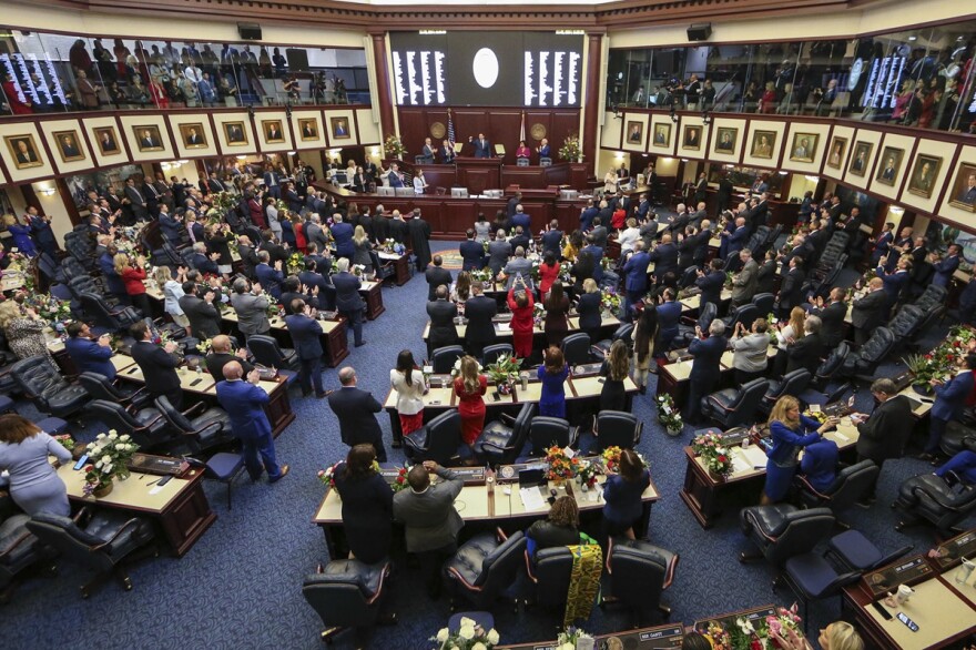 Gov. Ron DeSantis gives his State of the State address during a joint session of the Senate and House of Representatives in Tallahassee, Fla., Jan. 9, 2024.