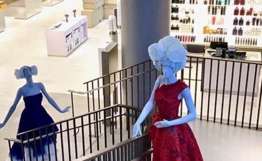 Looks displayed at Neiman Marcus in Manhattan, 2018. "They called me to create some floral headdresses for the mannequins," Leathers said. "The store was open for less than a year. "