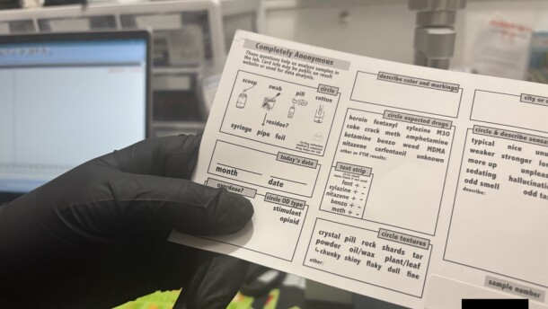 A drug testing sample submission sheet is seen at Harm Reduction MI’s Traverse City location. (Photo: Maxwell Howard / IPR News)