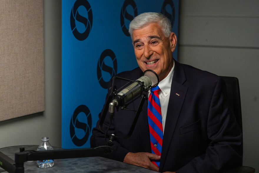Republican candidate for lieutenant governor John Loughlin speaks with Ocean State Media political reporter Ian Donnis. Credit: Ocean State Media