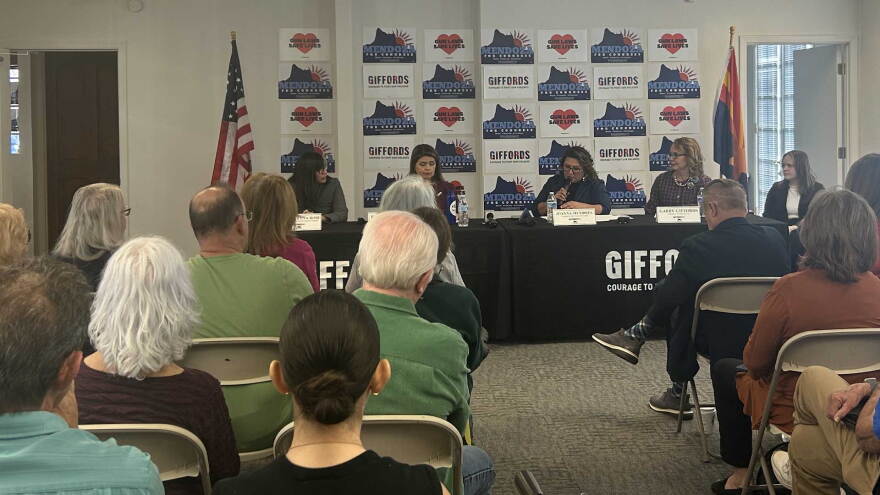 Democratic congressional candidate JoAnna Mendoza speaks at a panel on gun violence alongside Tucson Mayor Regina Romero, former U.S. Rep. Gabby Giffords and Tucson Unified School District Governing Board member Natalie Luna Rose on Feb. 1, 2026.