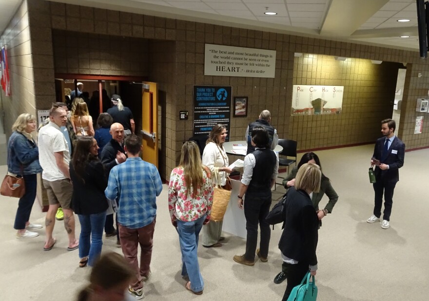 Candidates, delegates and members of the public file into the auditorium at the Park City High School ahead of the Summit County Democratic Convention on April 7.