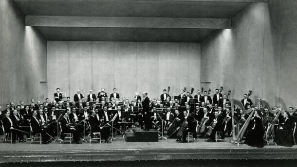 Eugene Ormandy with The Philadelphia Orchestra at the Academy of Music in Philadelphia, 1940s.