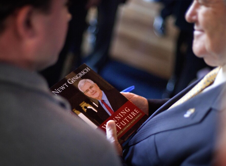 Former House Speaker and 2012 Republican Party presidential candidate Newt Gingrich autographs a copy of his book at a campaign event in Georgetown, S.C., in 2012. Gingrich published with conservative publishing house Regnery Publishing.