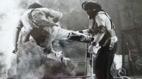 Vic Armstrong performed stunts for Harrison Ford, as Indiana Jones. Here he fights Pat Roach's goliath Indian guard.