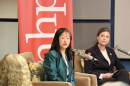 Republican Lily Tang Williams (left) and Democrat Maggie Goodlander (right) met at a candidate forum put on by the Granite State News Collaborative and hosted at NHPR, Oct. 28, 2024.