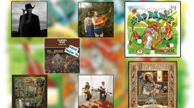 Seven different album covers are splayed out over a blurred image.