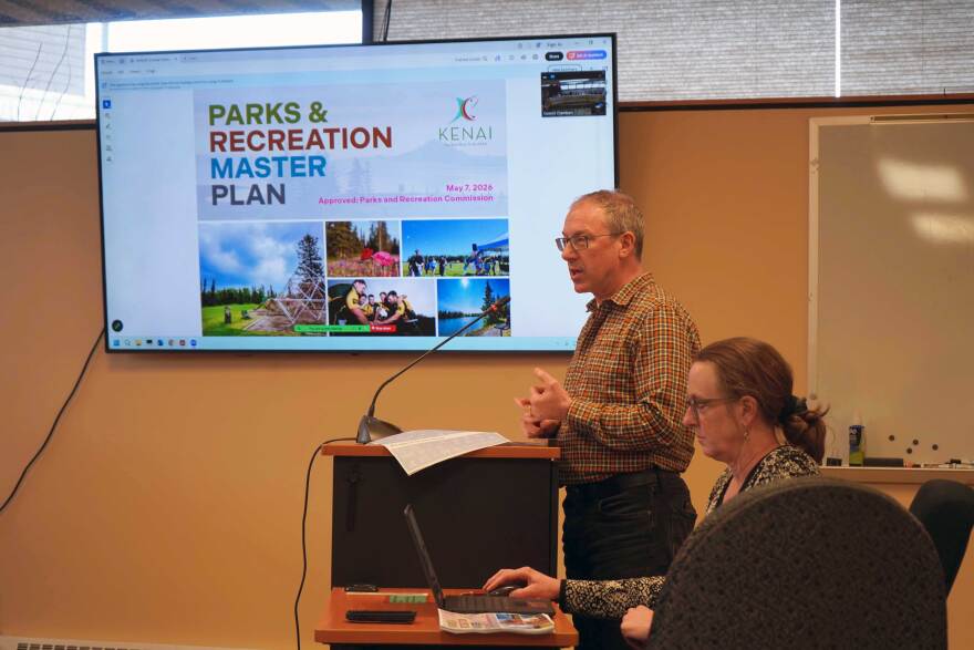Chris Mertl, an architect with Corvus Design, presents the draft Parks & Recreation Master Plan to the Kenai City Council on Wednesday, May 20, 2026.