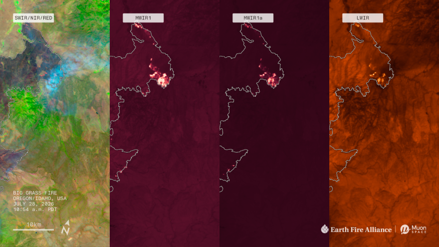 A series of four satellite images from the Earth Fire Alliance and Muon Space. They show an area of Oregon and Idaho under four different "filters" to show a wildfire burning.