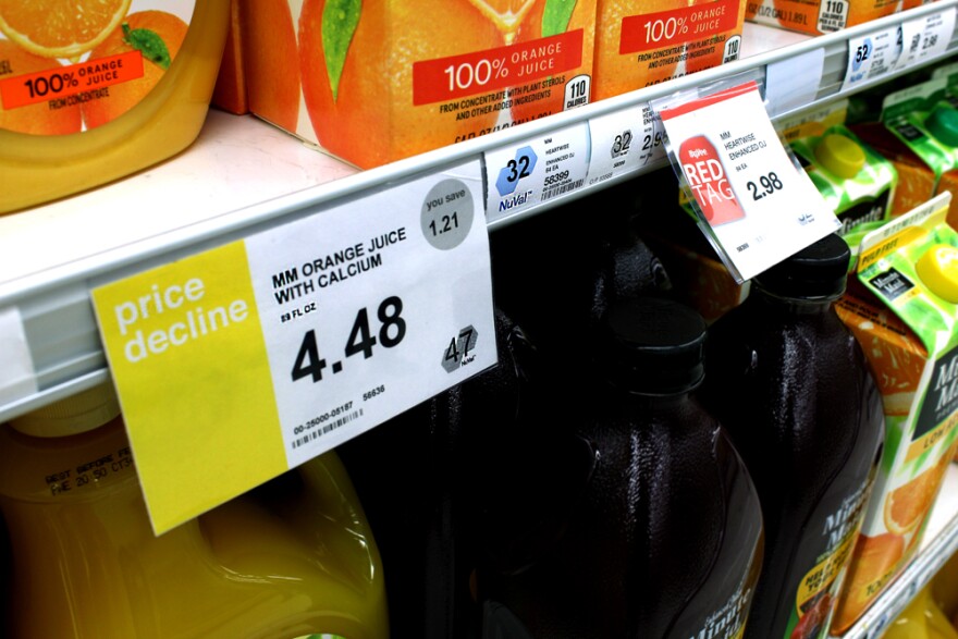 NuVal scores on orange juice at a Hyvee grocery store in Columbia, MO.