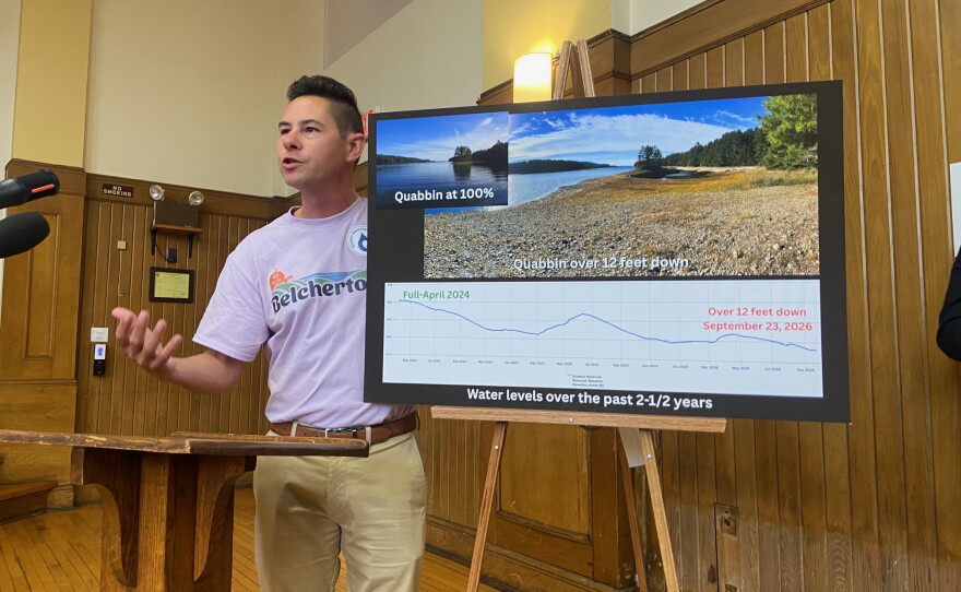 State Sen. Jake Oliviera, who represents Quabbin communities, points out that the reservoir water level has gone down in recent years. He spoke at hearing on Sept 30, 2026, opposing a request by the Massachusetts Water Resources Authority to take 20 million gallons more water a day.