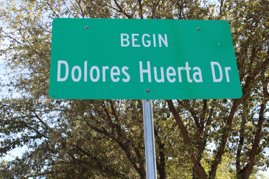 A sign marks the start of the portion of Second Street in Grand Prairie dedicated to Dolores Huerta.