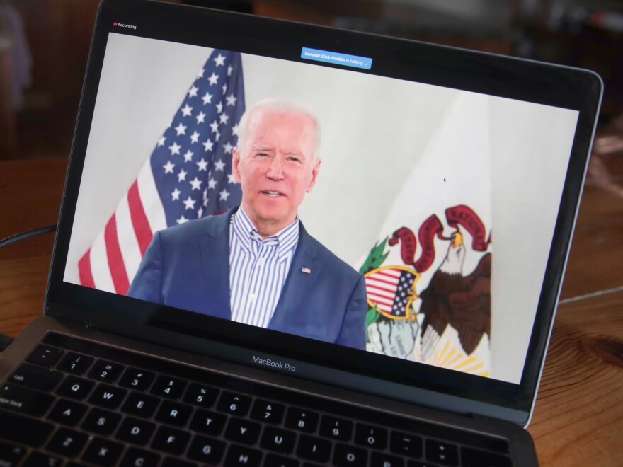 Former Vice President Joe Biden holds a virtual campaign event on March 13. Since the coronavirus outbreak has grounded campaigning, his staff has spun up a strategy for reaching voters on the internet and TV more aggressively. [Scott Olson / Getty Images]