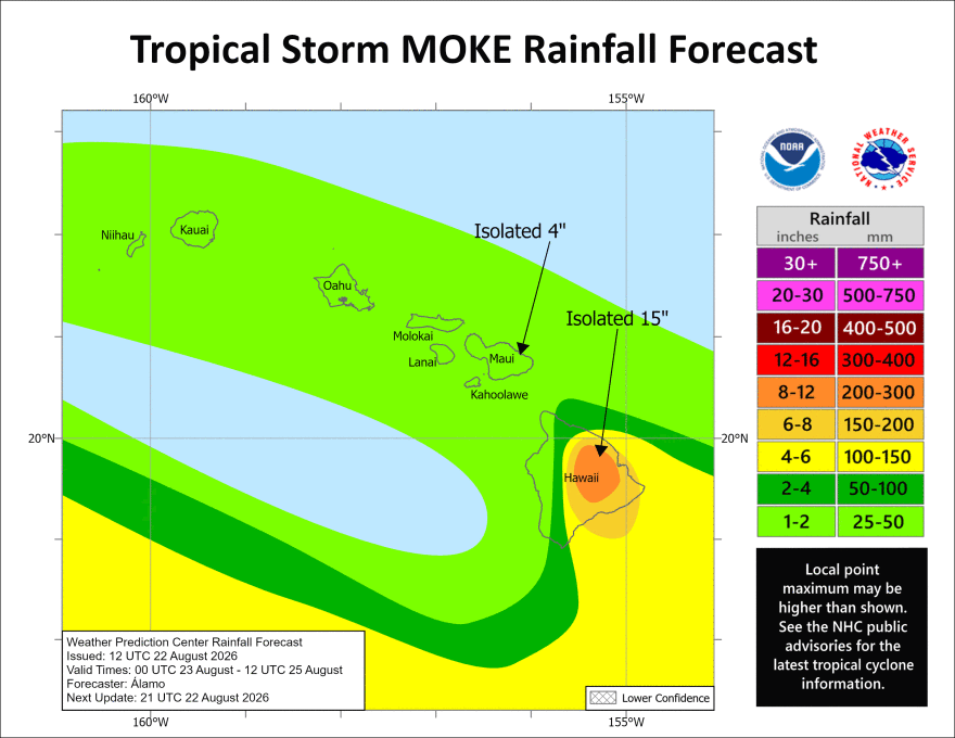 The Central Pacific Hurricane Center warns that rainfall from Tropical Storm Moke may produce life-threatening flooding and mudslides for the windward and southeast Big Island, especially in steep terrain and over areas that were affected recently by Lala.