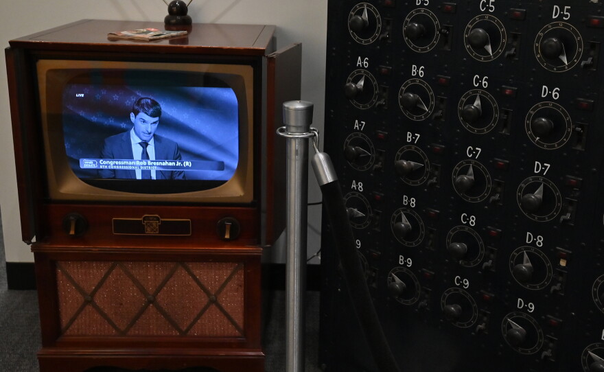 U.S. Rep. Rob Bresnahan is seen on a TV during the debate for Pennsylvania's 8th Congressional District seat at WVIA Studios in Pittston.