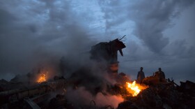 People walk amongst the debris at the crash site of Malaysia Airlines Flight MH17, which went down in eastern Ukraine on Thursday.