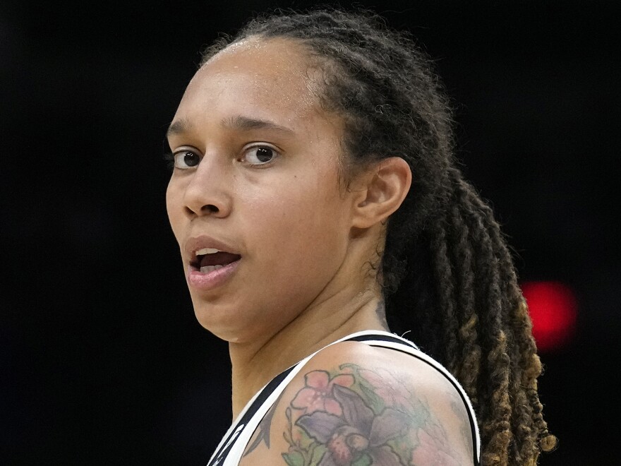 Phoenix Mercury center Brittney Griner during Game 2 of the WNBA Finals against the Chicago Sky on Oct. 13, 2021. The State Department says it now regards Griner as wrongfully detained, a change in classification that suggests the U.S. government will be more active in trying to secure her release.