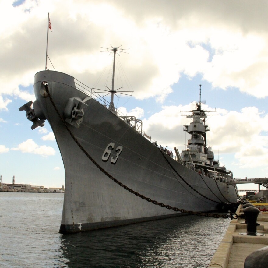 The USS Missouri berthed at Pearl Harbor on Ford Island