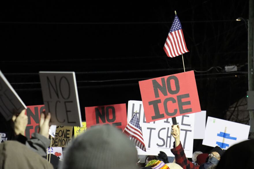 Protesters speak out against a possible ICE facility in Merrimack, Jan. 8, 2026.