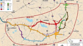 The NCDOT is showing color coded routes under consideration for the 540 extension from Holly Springs to Knightdale.