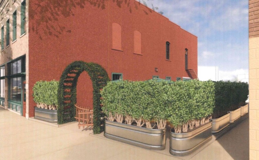 An artist's rendering shows the proposed Maggie Miley's outdoor patio in Uptown Normal.
