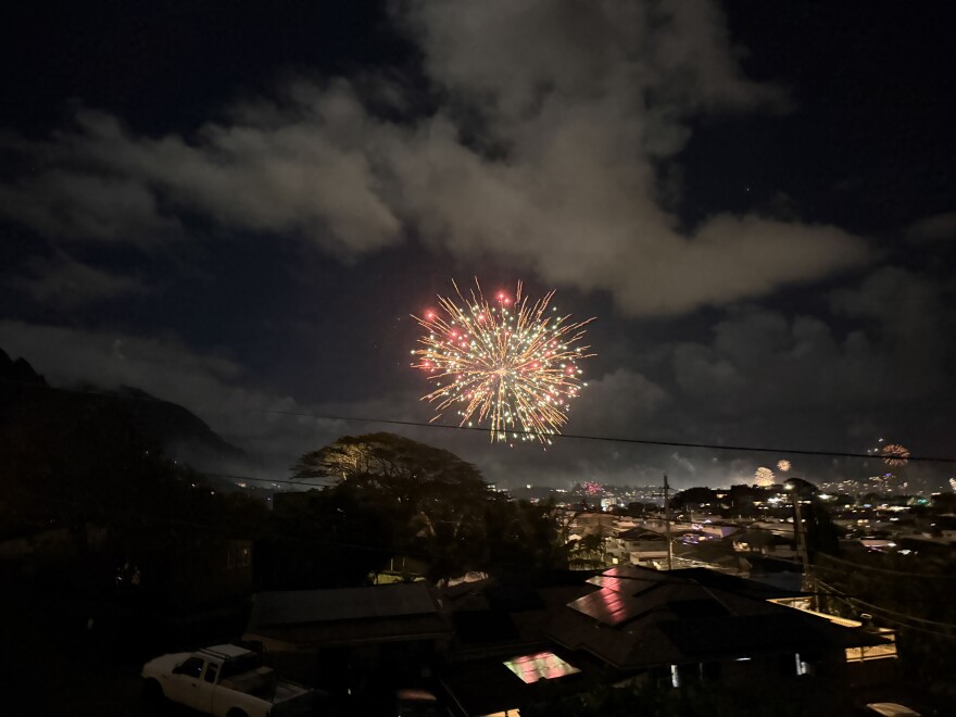Fireworks in Kāneʻohe, Oʻahu, shortly after midnight on Jan. 1, 2026