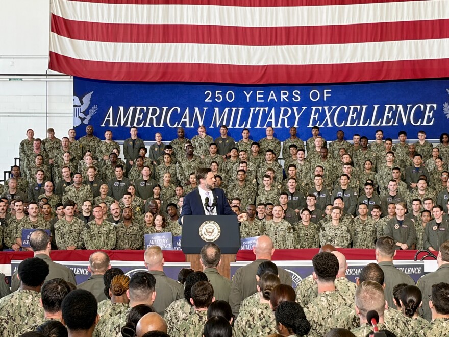 Vice President JD Vance speaks before sailors and Marines at Naval Air Station Oceana in Virginia Beach.