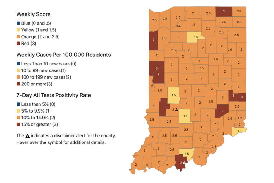 Almost all of Indiana's counties are now at risk of at least moderate to high spread of COVID-19.