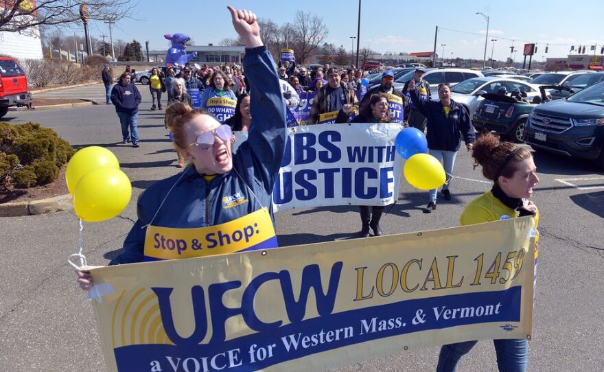 Members of UFCW Local 1459 rallied outside a Stop and Shop store in Chicopee on March 20, 2019.