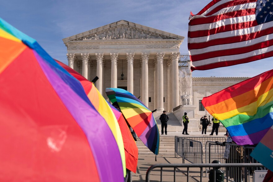 Transgender rights supporters rally outside of the Supreme Court, Dec. 4, 2024, in Washington. (AP Photo/Jose Luis Magana, File)