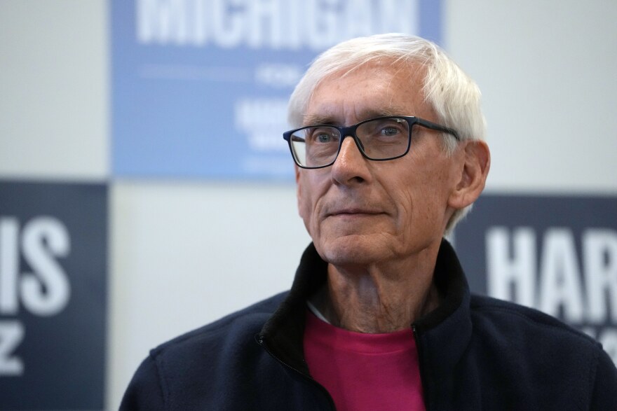 Wisconsin Gov. Tony Evers speaks during a campaign event, Oct. 17, 2024, in Flint, Mich.