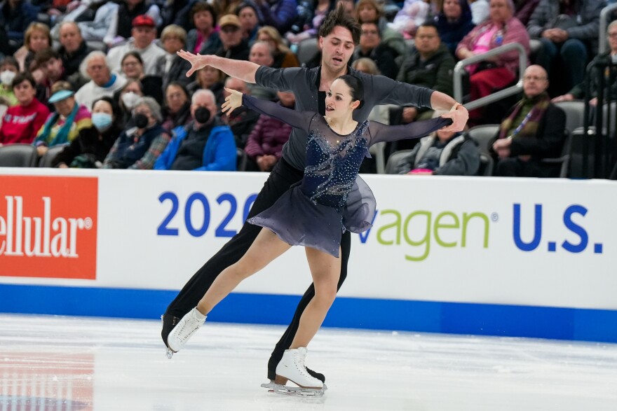 Katie McBeath, of Winterhurs FSC, and Daniil Parkman, of FSC of New York, compete in the championship pairs short program during the 2026 U.S. Figure Skating Championships at the Enterprise Center on Wednesday, Jan. 7, 2026, in St. Louis’ Downtown West neighborhood.